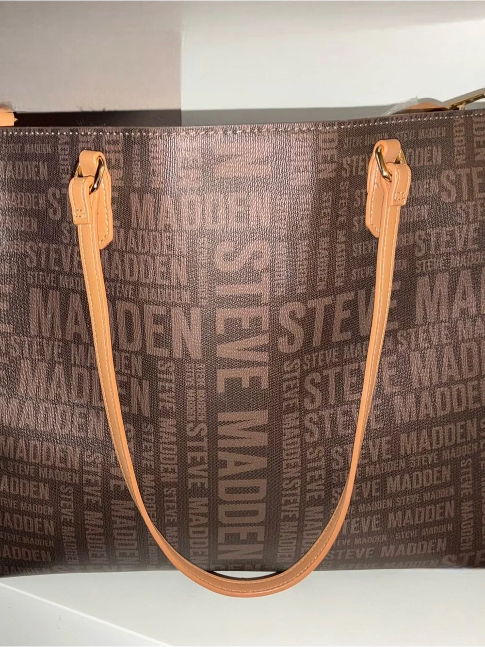 Steve Madden Brown Logo Tote with Tan Accents and Front Zip